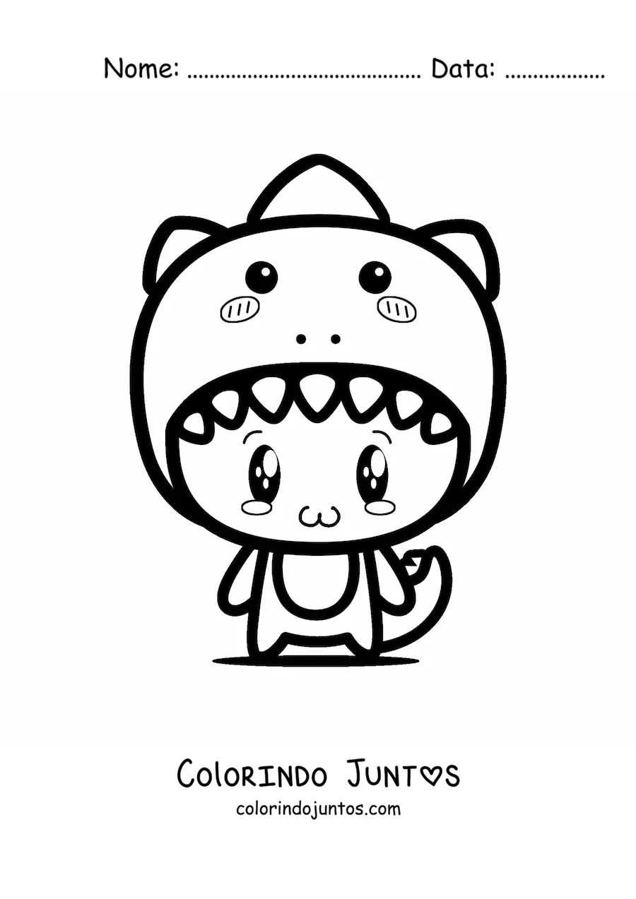 Desenho para colorir de menino fantasiado de dinossauro kawaii