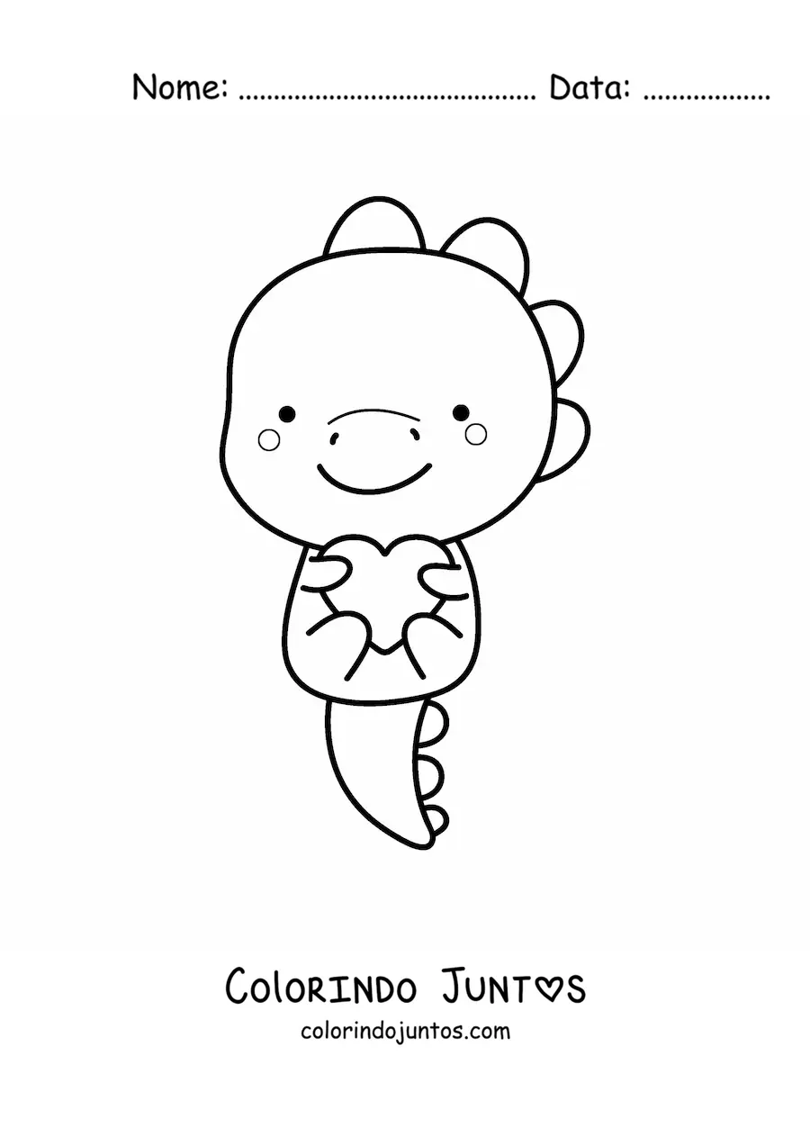 Desenho para colorir de tiranossauro kawaii com um coração