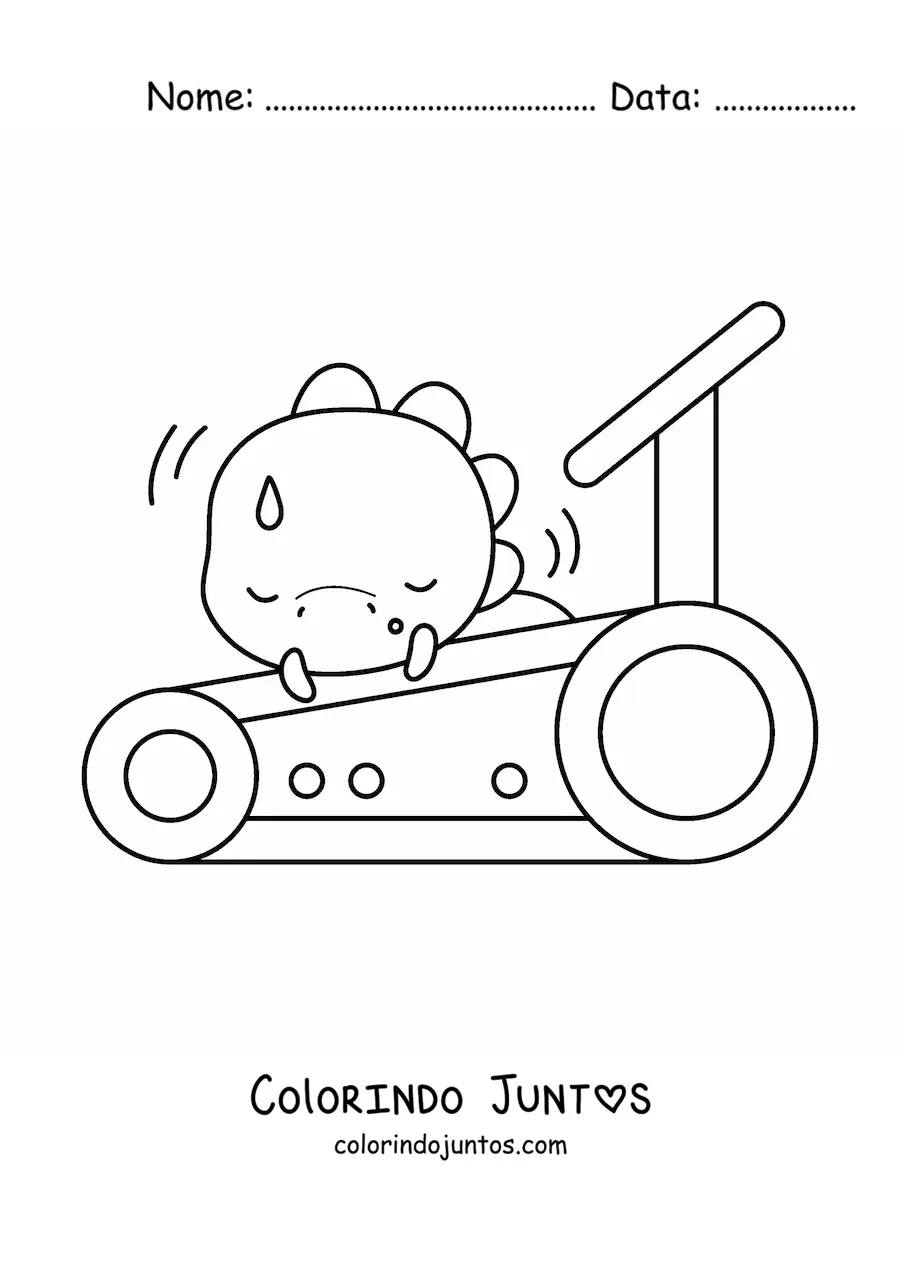 Desenho para colorir de dinossauro kawaii cansado na esteira