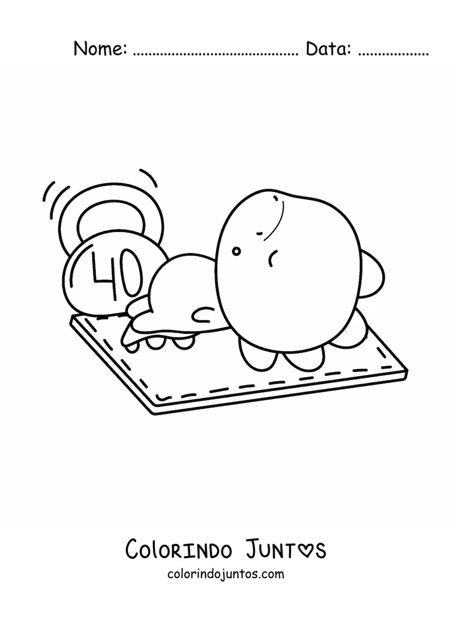 Desenho para colorir de dinossauro kawaii com haltere na academia