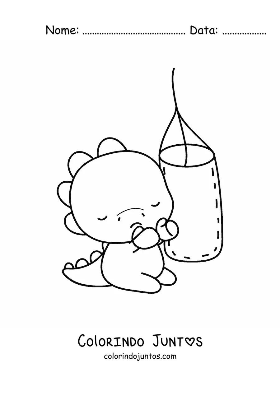 Desenho para colorir de dinossauro kawaii batendo em um saco de pancadas