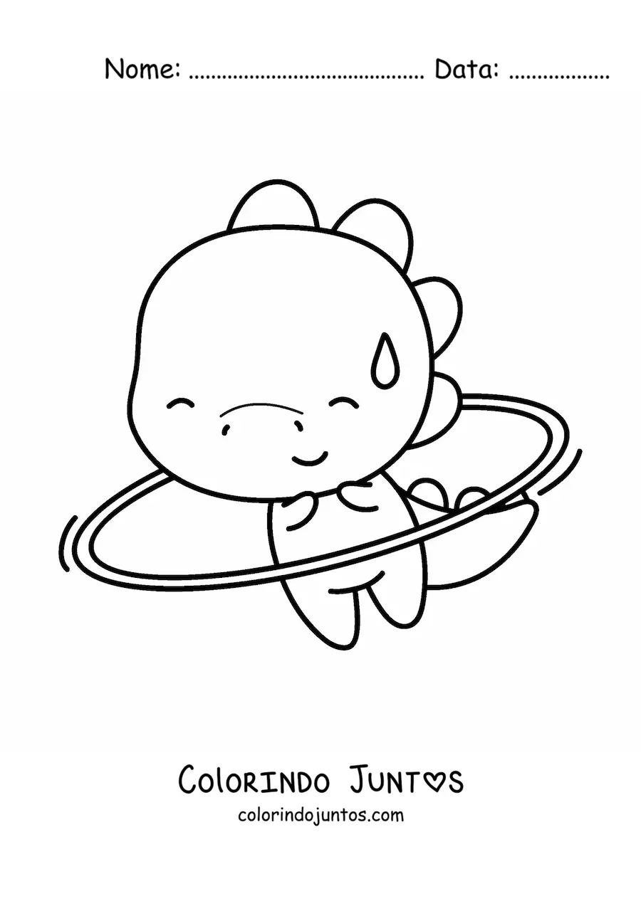 Desenho para colorir de dinossauro kawaii com um bambolê