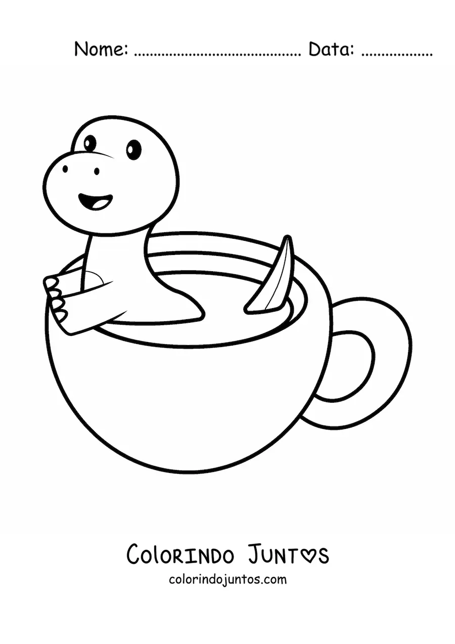 Desenho para colorir de dinossauro kawaii em uma xícara