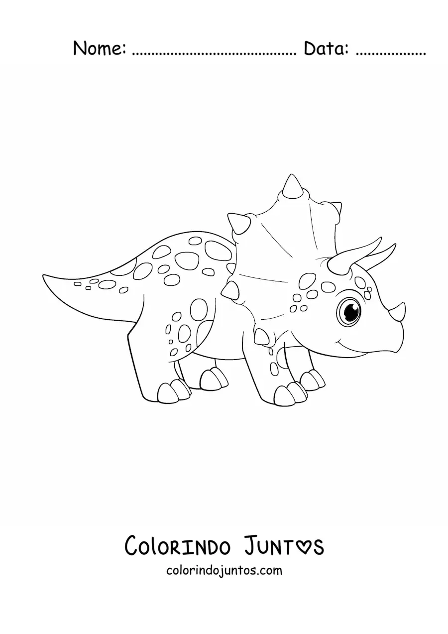 Desenho para colorir de dinossauro triceratops kawaii com chifres
