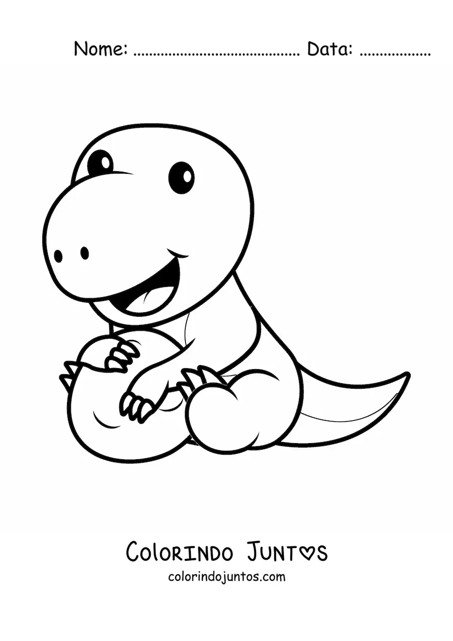 Desenho para colorir de dinossauro kawaii sentado com um ovo