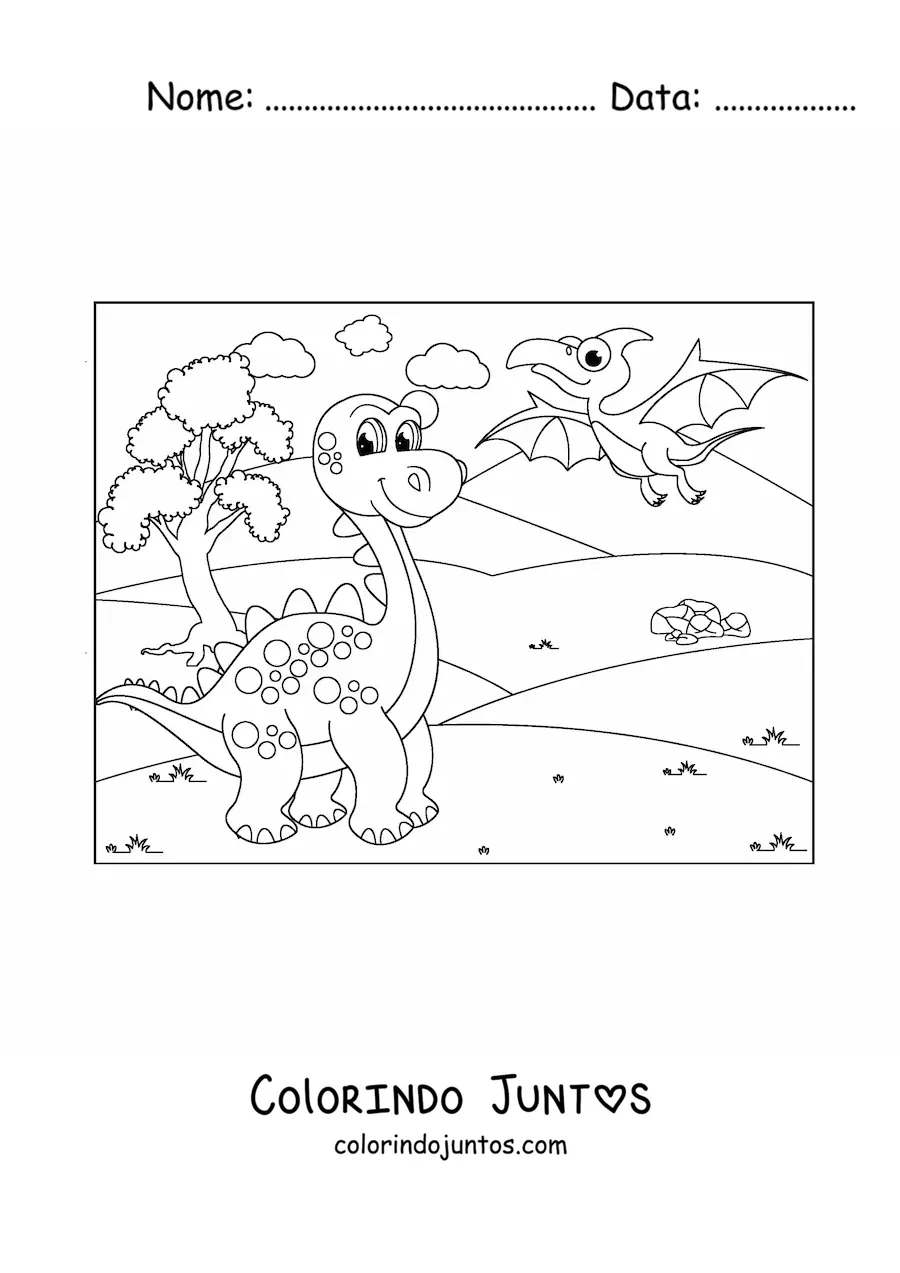 Desenho para colorir de dinossauros animados voador e terrestre