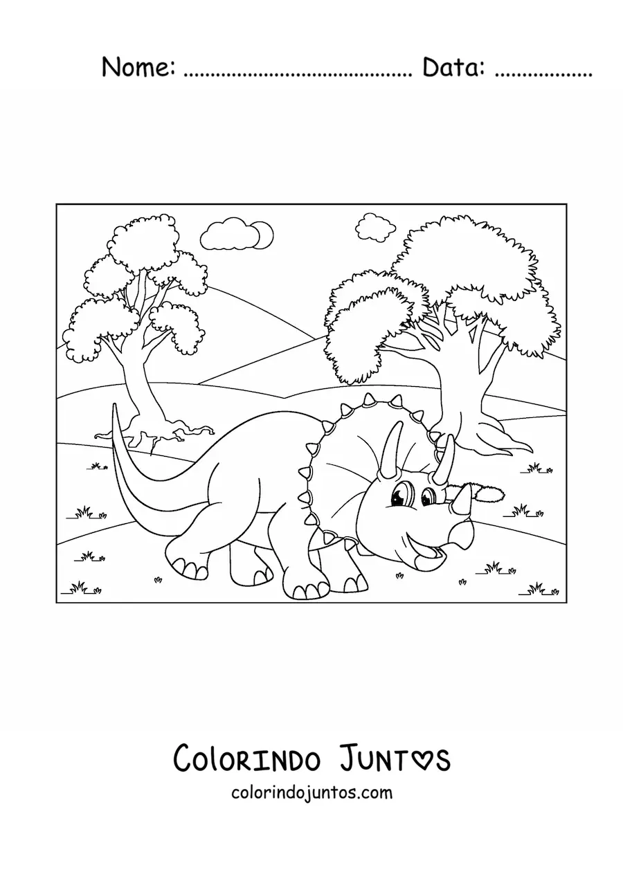 Desenho para colorir de dinossauro animado em seu hábitat