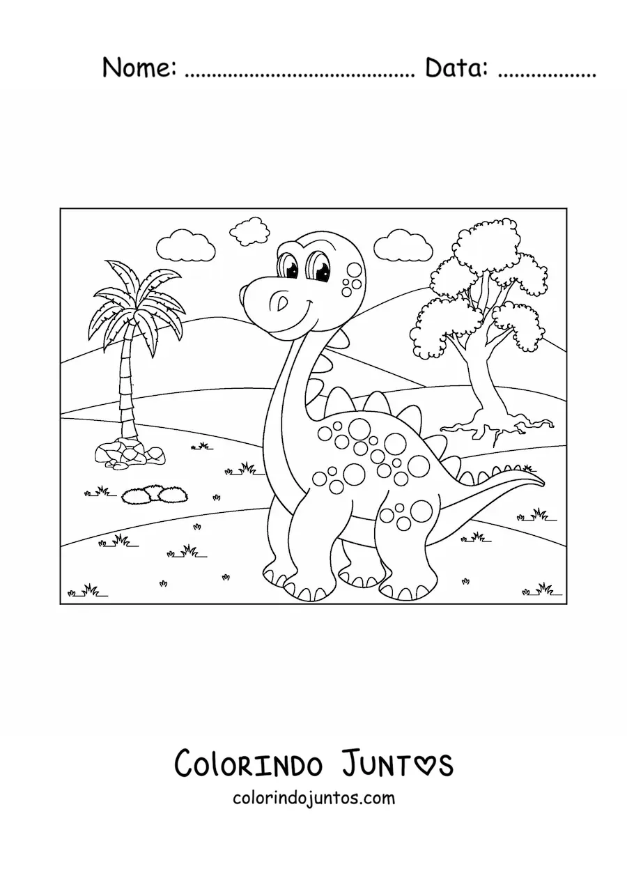Desenho para colorir de dinossauro animado de pescoço longo em seu hábitat