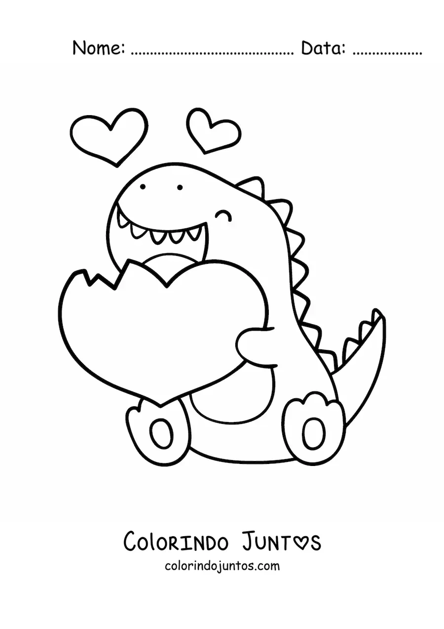 Desenho para colorir de tiranossauro rex kawaii com um coração