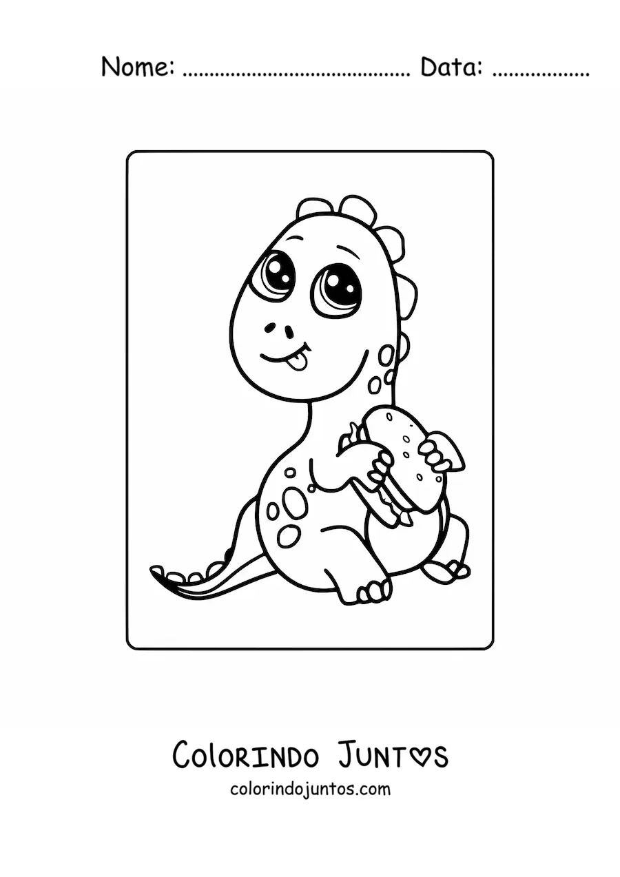 Desenho para colorir de dinossauro bebê kawaii comendo hambúrguer