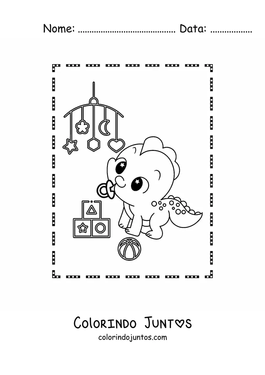 Desenho para colorir de dinossauro bebê kawaii com brinquedos