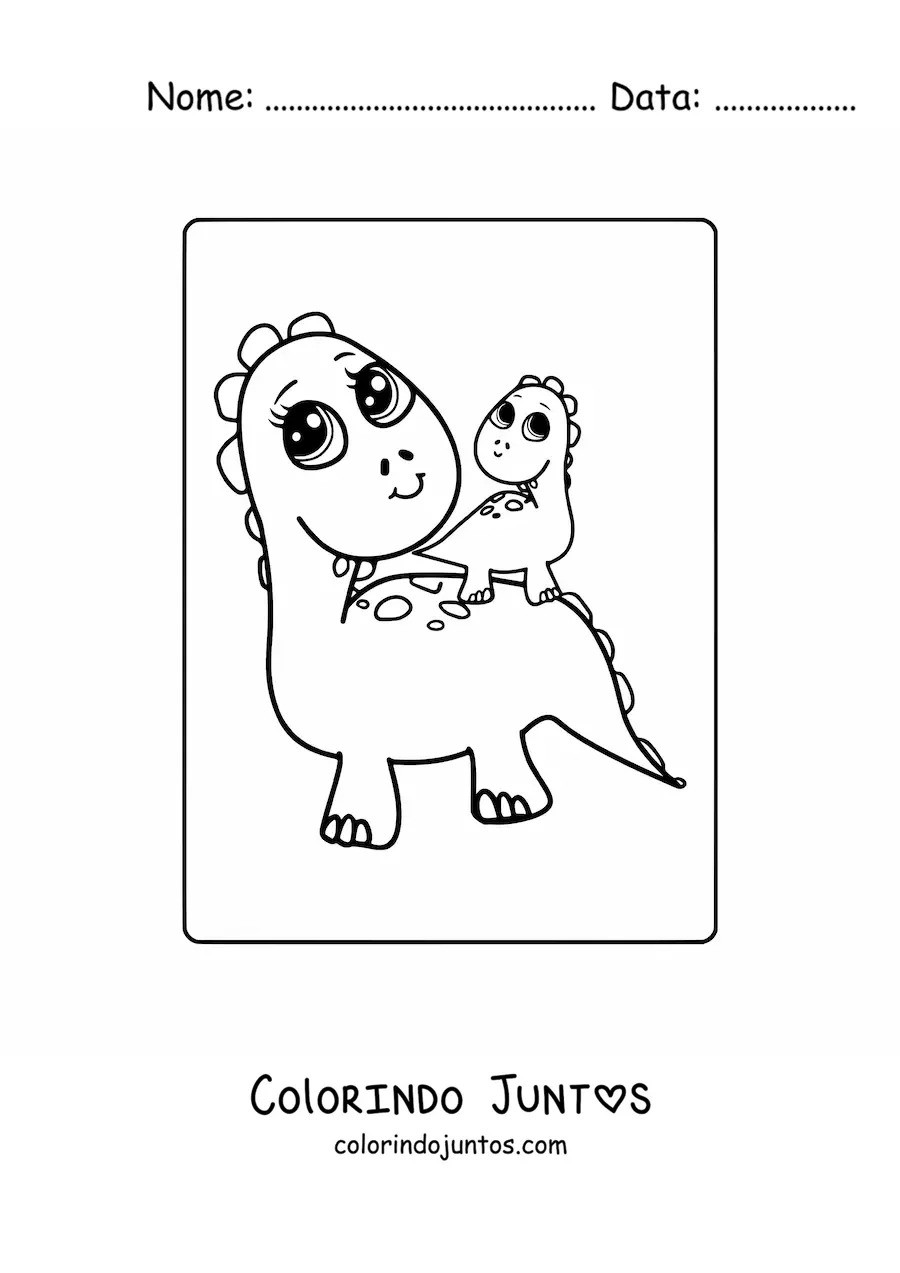 Desenho para colorir de dinossauro bebê kawaii com sua mamãe