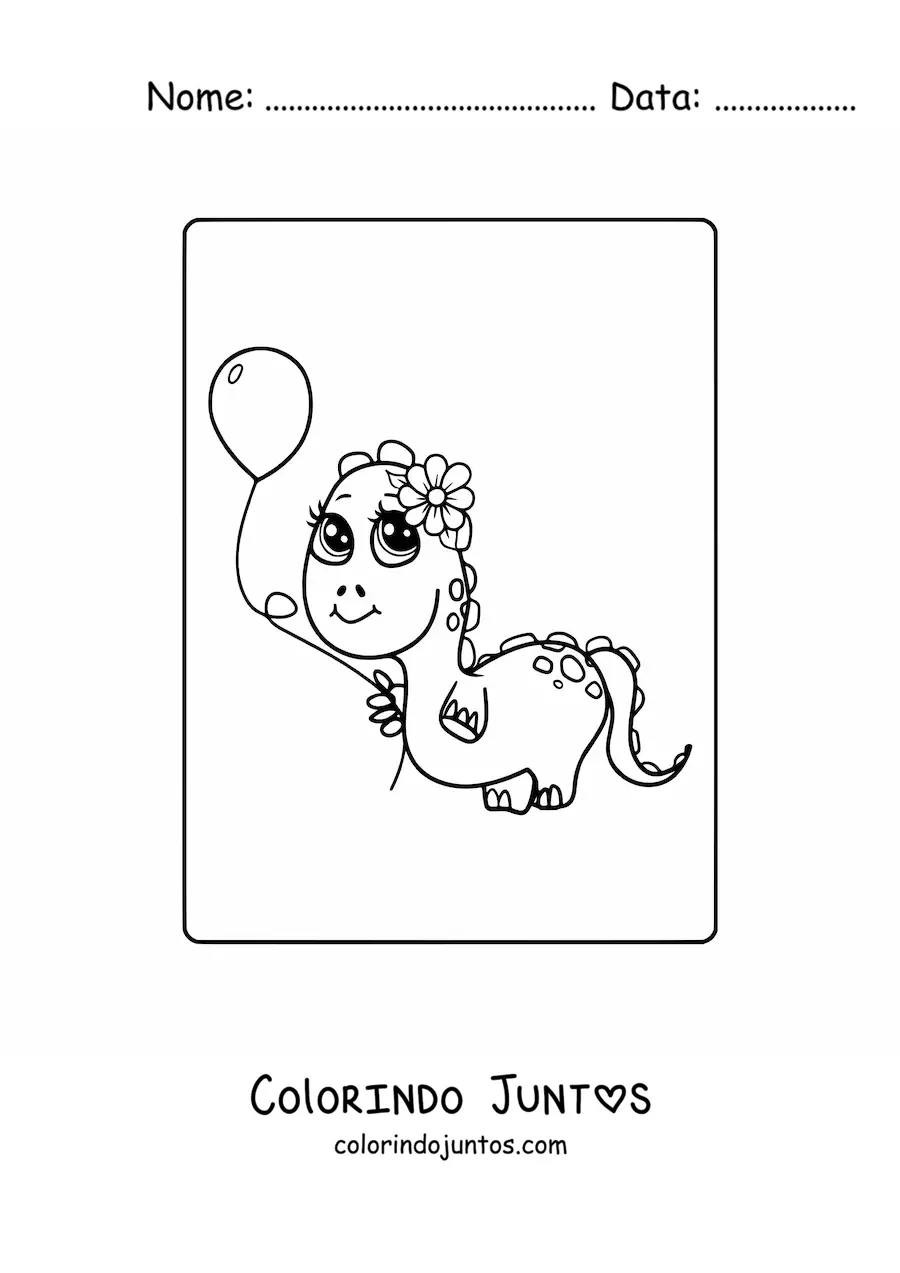 Desenho para colorir de dinossauro bebê kawaii com um balão