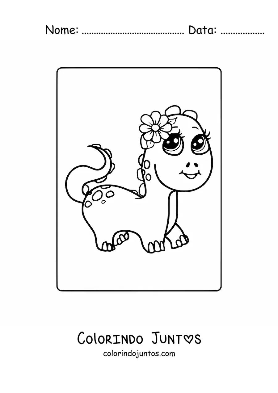 Desenho para colorir de dinossauro bebê kawaii com uma flor