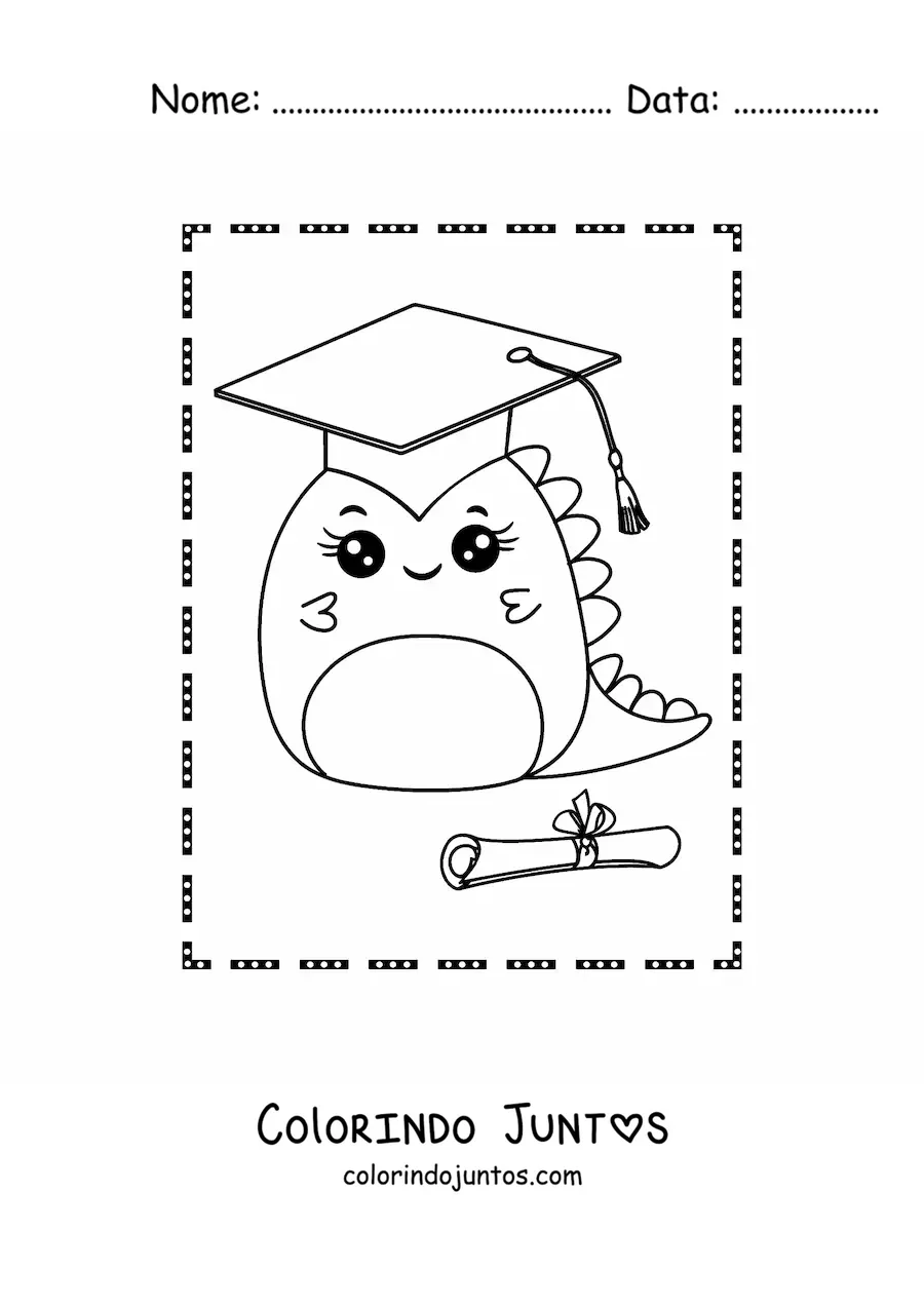 Desenho para colorir de dinossauro bebê kawaii recém-formado com diploma e capelo