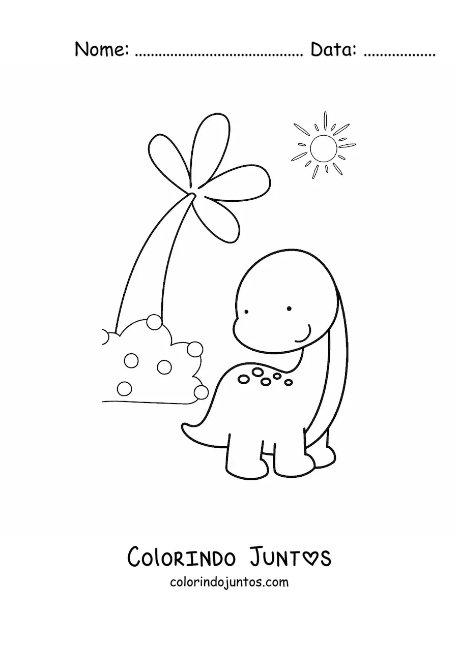 Desenho para colorir de dinossauro bebê bonito de pescoço longo em seu hábitat