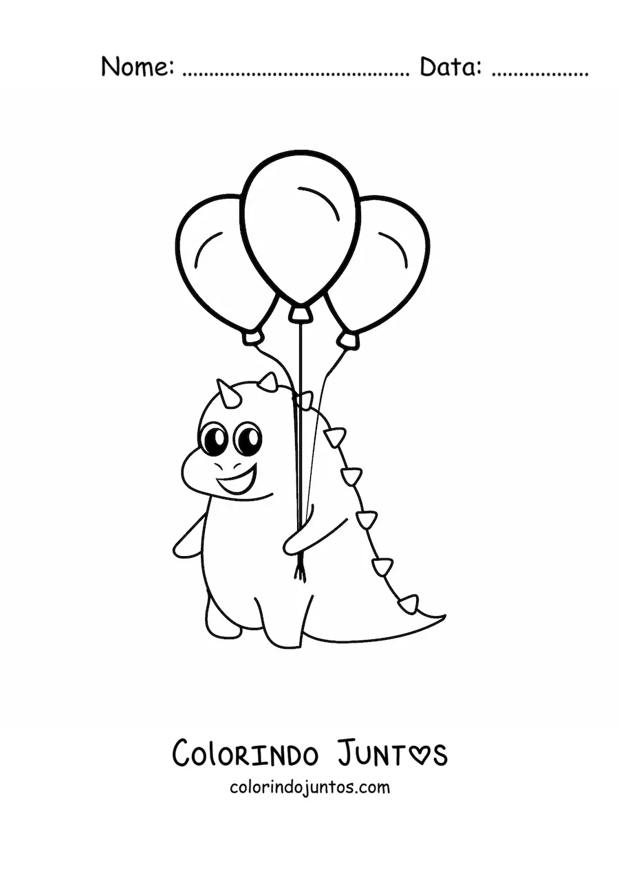Desenho para colorir de dinossauro bebê kawaii com balões
