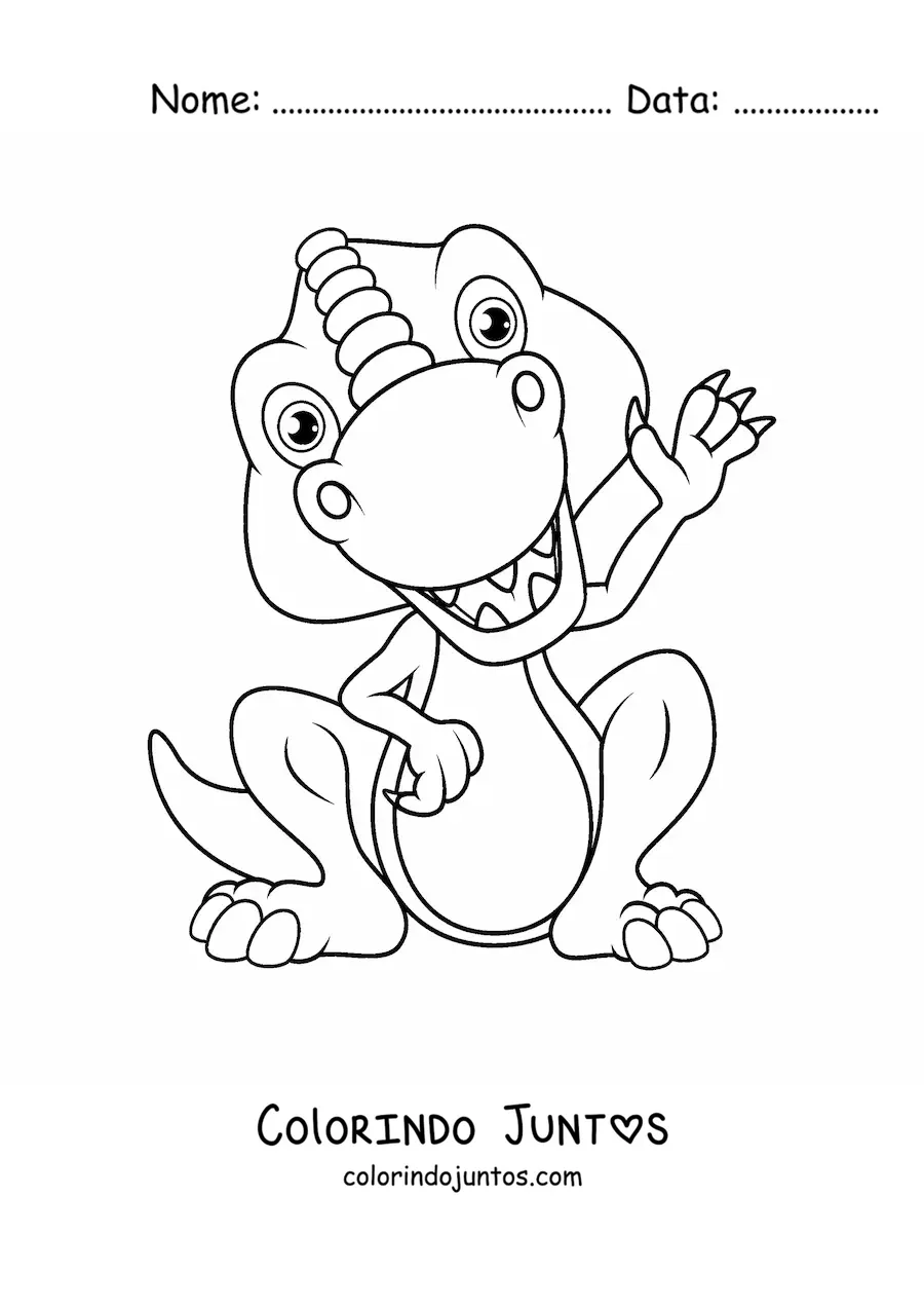 Desenho para colorir de dinossauro bebê feliz sentado acenando