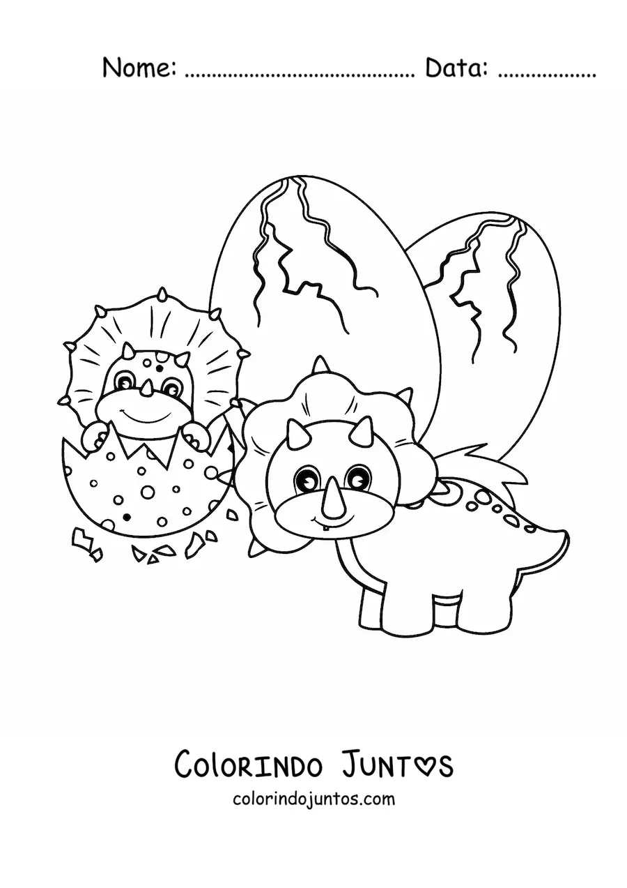 Desenho para colorir de triceratops animado com seu bebê saindo do ovo