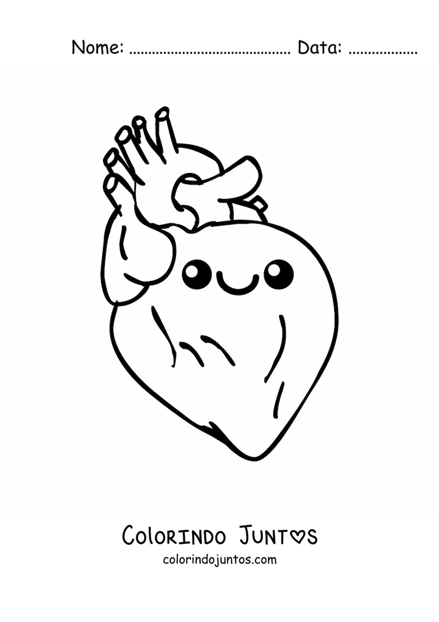 Desenho para colorir de coração kawaii animado e fácil