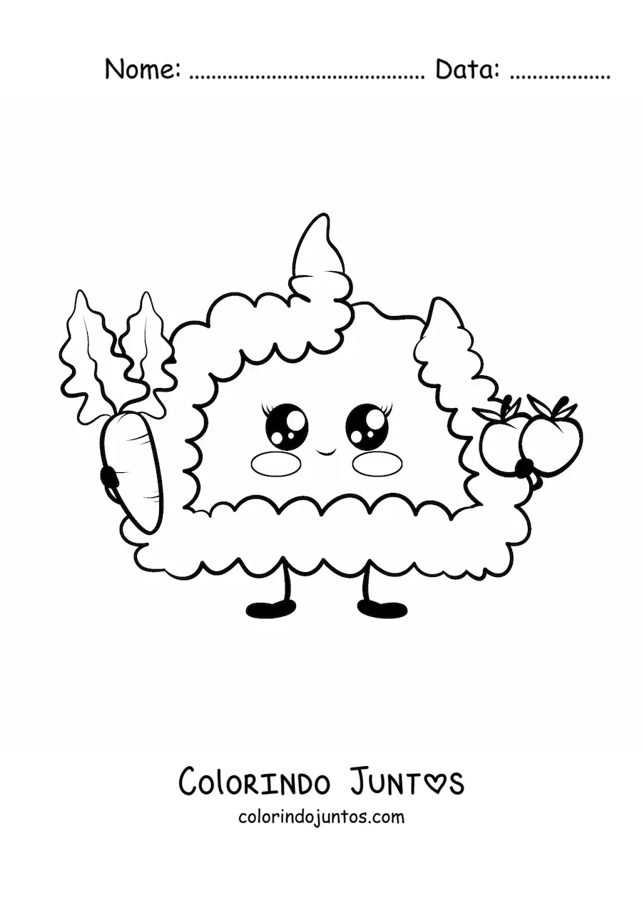 Desenho para colorir de intestino kawaii animado com frutas saudáveis