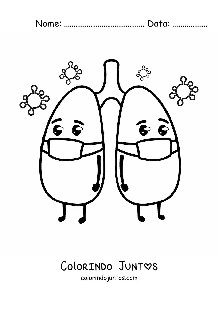 Desenho para colorir de pulmões kawaii animados com máscara