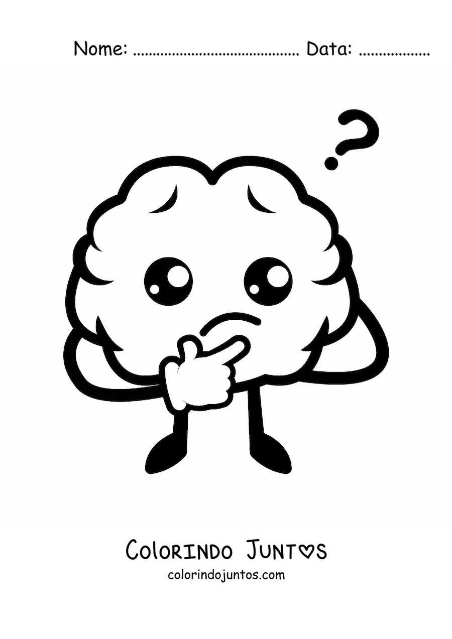 Desenho para colorir de cérebro kawaii pensando