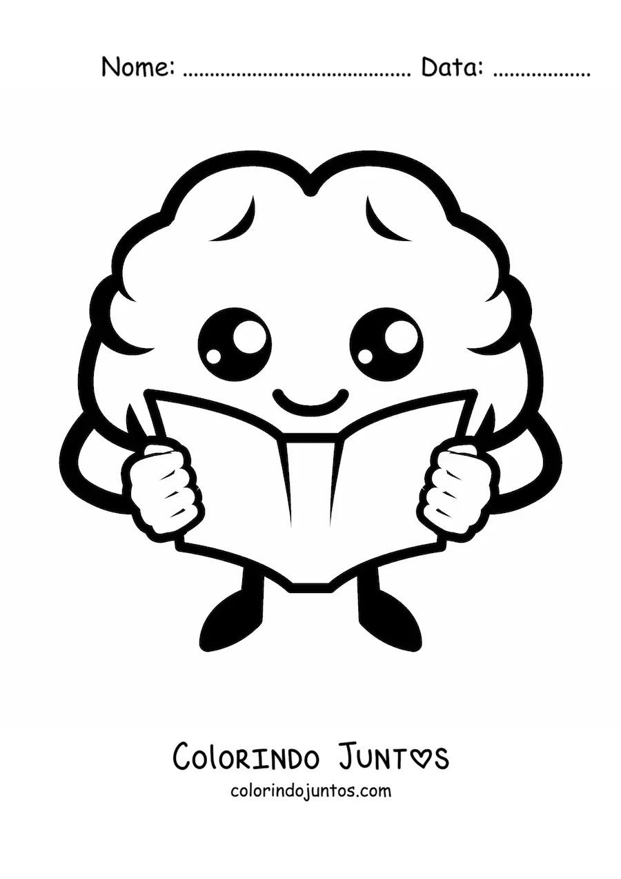 Desenho para colorir de cérebro kawaii animado lendo um livro