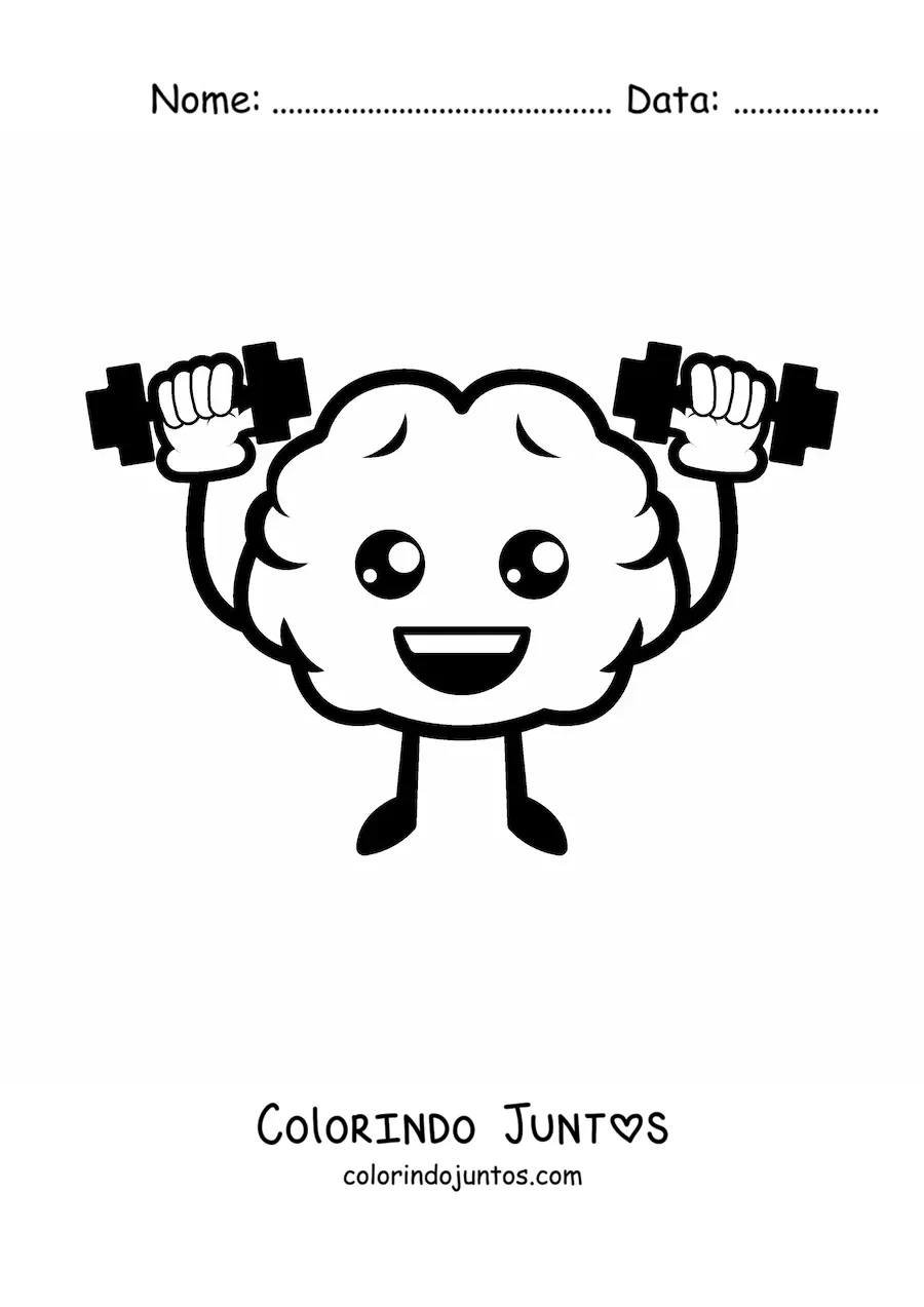 Desenho para colorir de cérebro kawaii animado fazendo exercícios