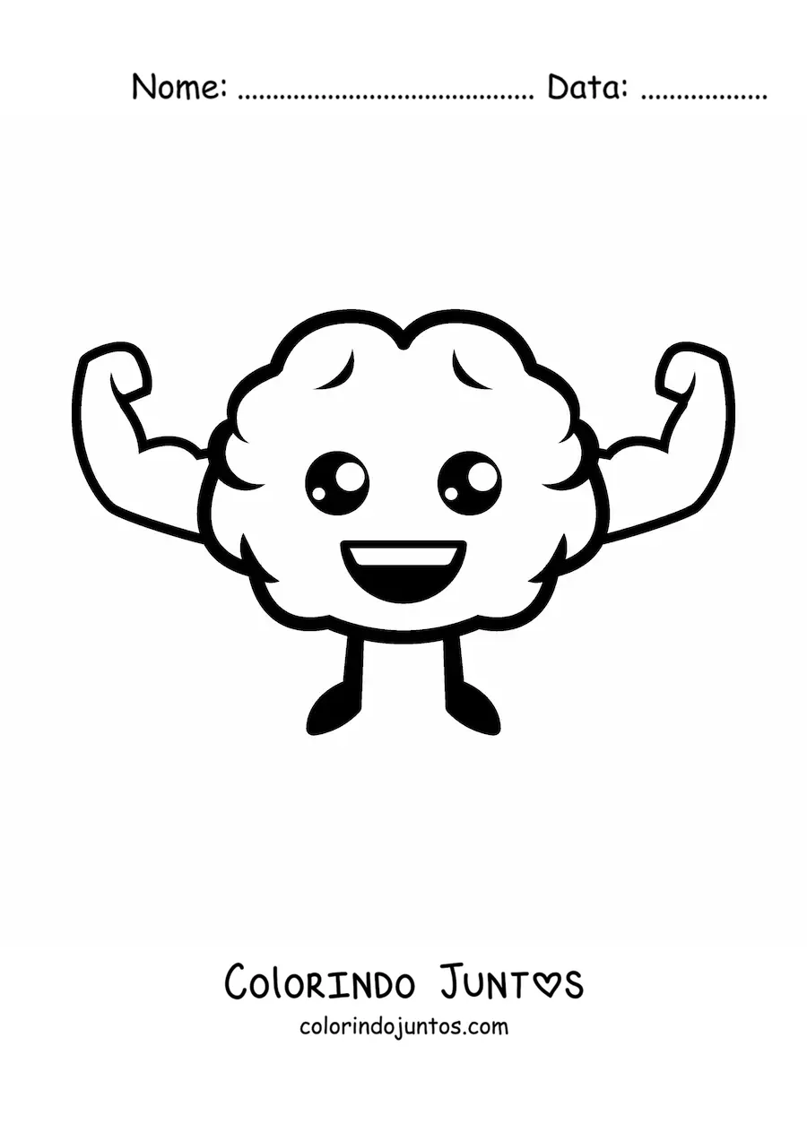 Desenho para colorir de cérebro kawaii animado e forte
