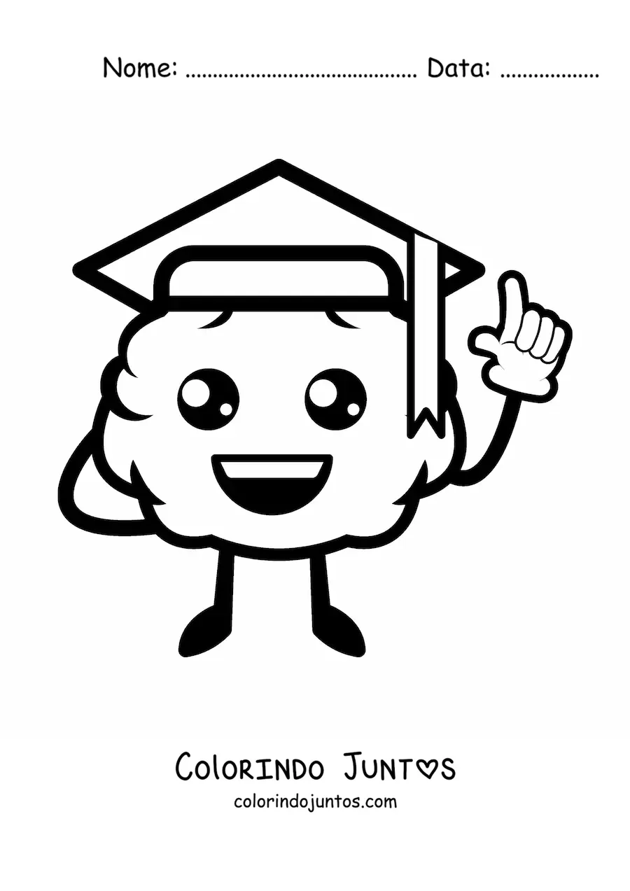 Desenho para colorir de cérebro kawaii animado com capelo de formatura