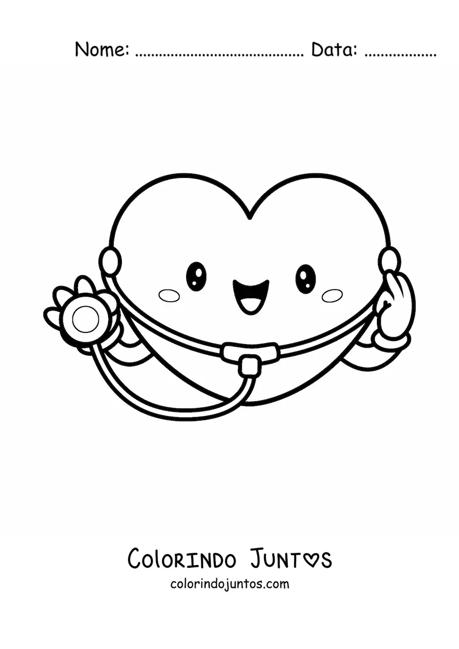 Desenho para colorir de coração fofo e animado com estetoscópio