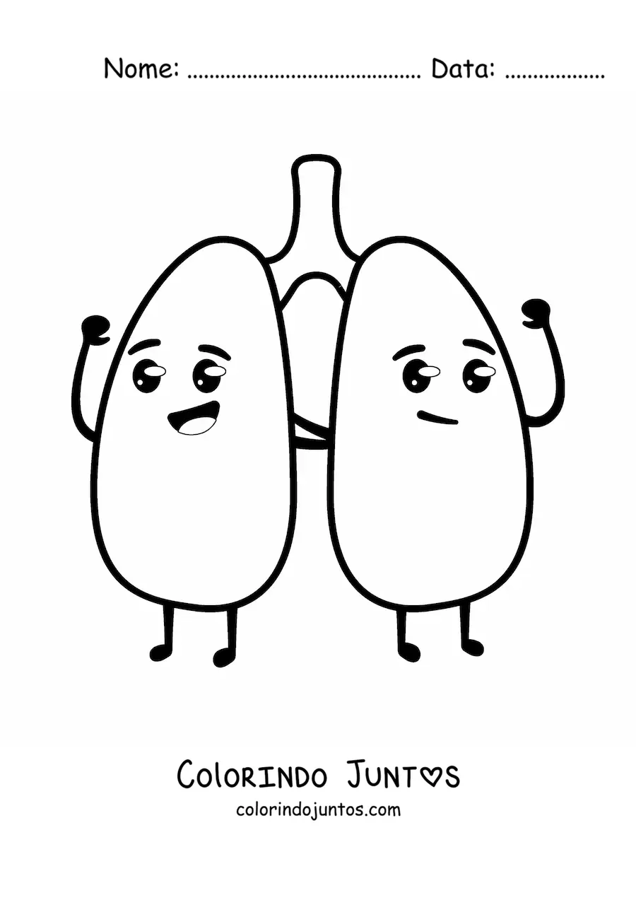 Desenho para colorir de pulmões kawaii animados e saudáveis
