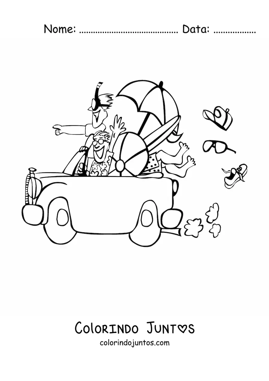 Desenho para colorir de jovens em um carro a caminho da praia