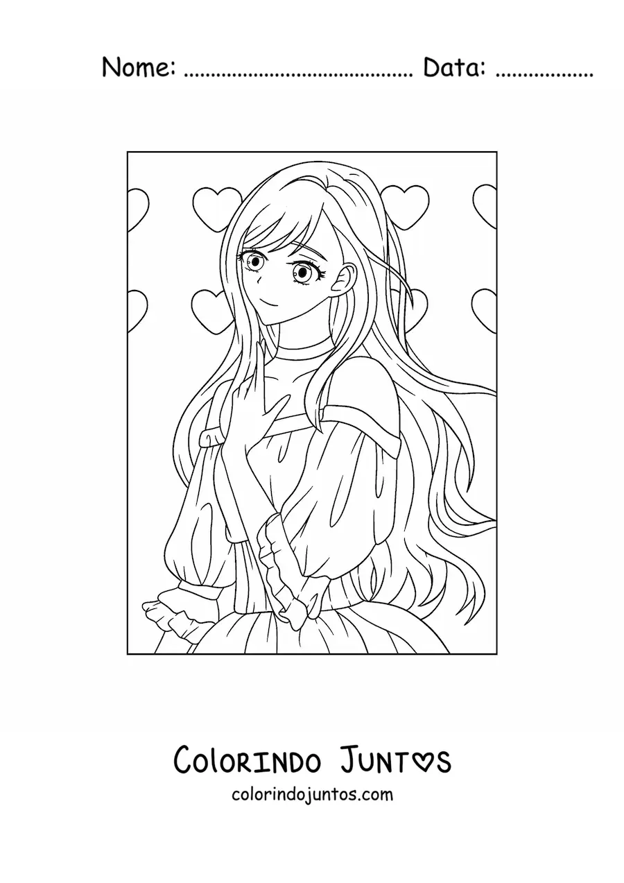 Desenho para colorir de menina anime kawaii com corações