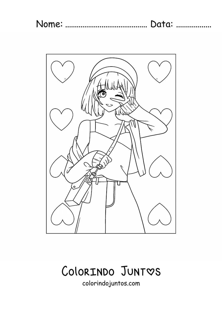 Desenho para colorir de menina anime fofa com corações