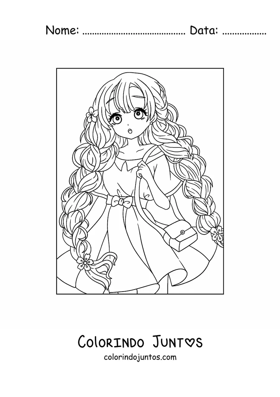 Desenho para colorir de linda menina anime com penteado de tranças