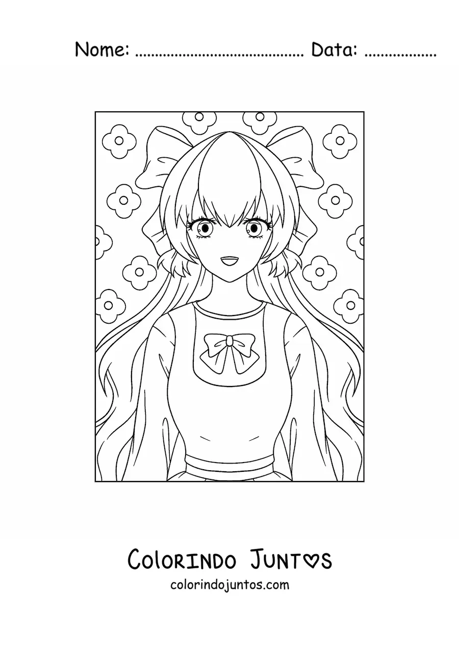 Desenho para colorir de boneca anime kawaii com laço
