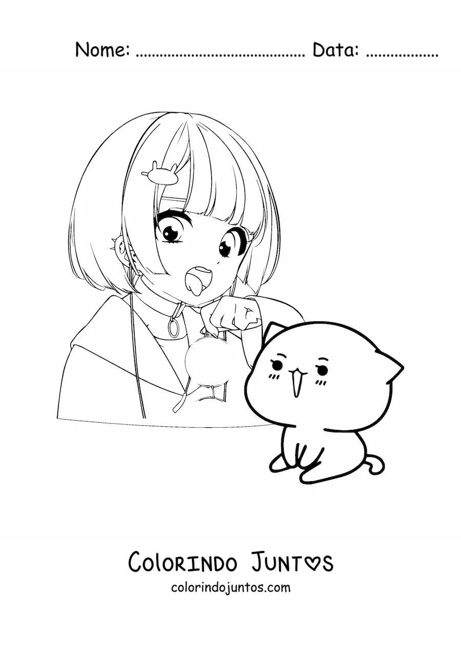 Desenho para colorir de menina anime kawaii com gato