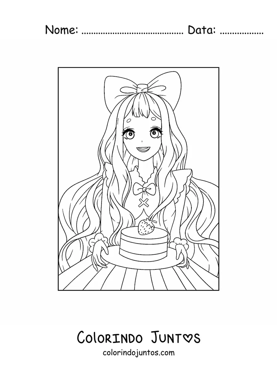 Desenho para colorir de linda boneca anime kawaii com bolo de morango