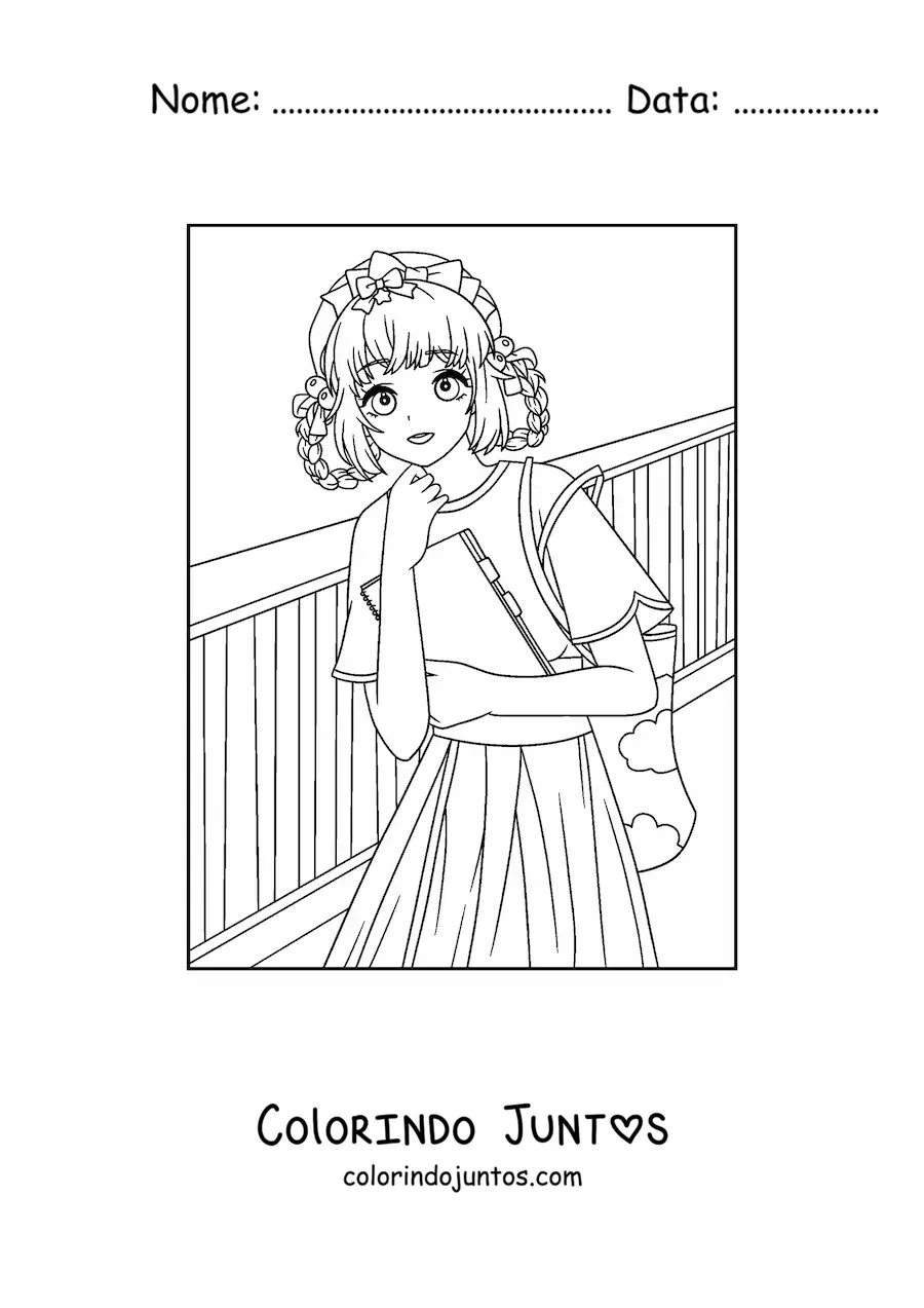 Desenho para colorir de menina anime kawaii na escola