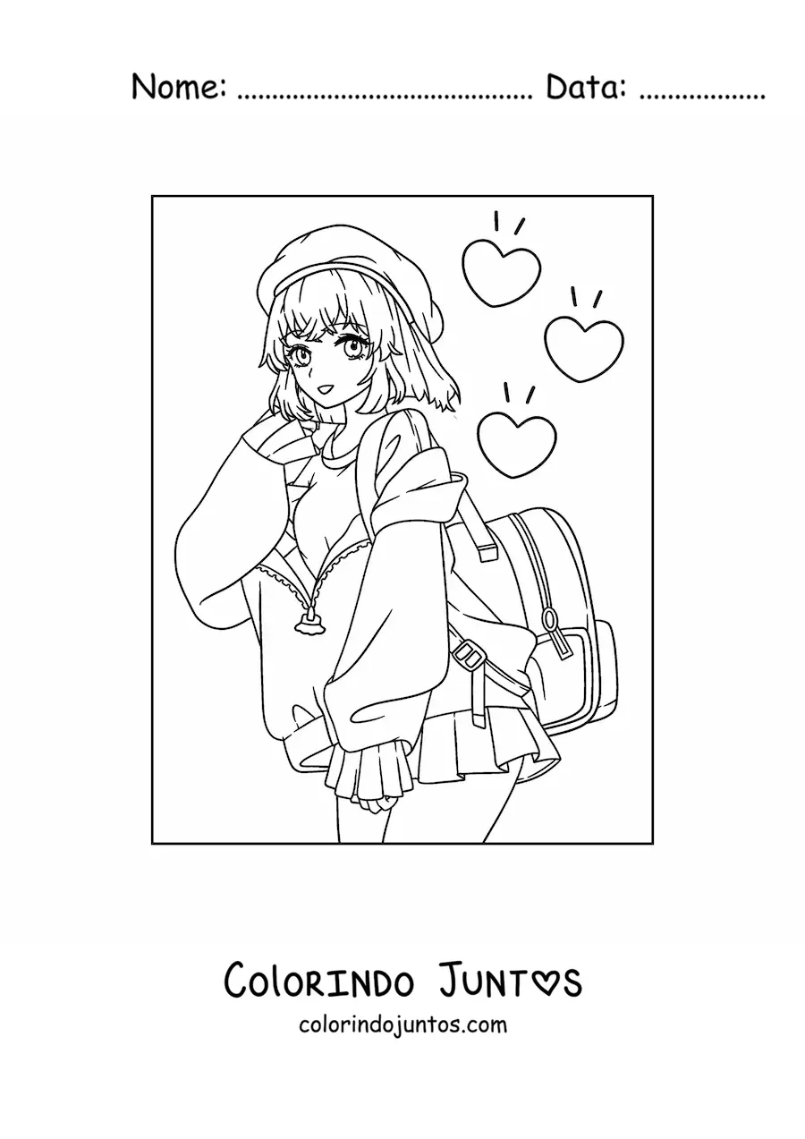 Desenho para colorir de menina anime kawaii com saia e corações