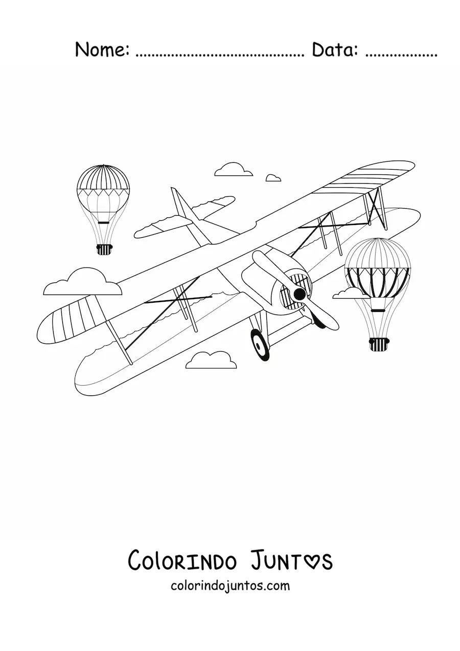 Desenho para colorir de um avião voando com dois balões de ar quente