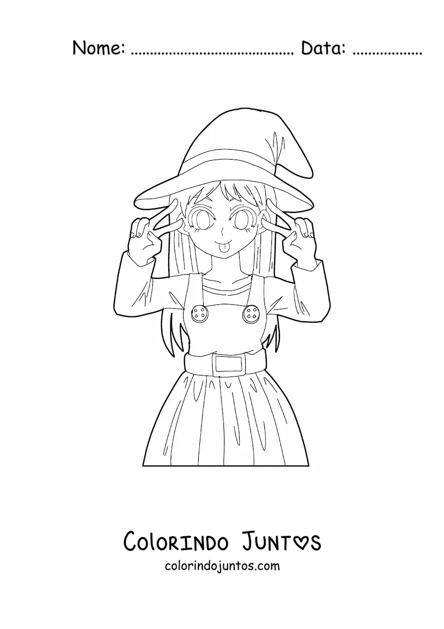 Desenho para colorir de boneca anime kawaii fantasiada de bruxa
