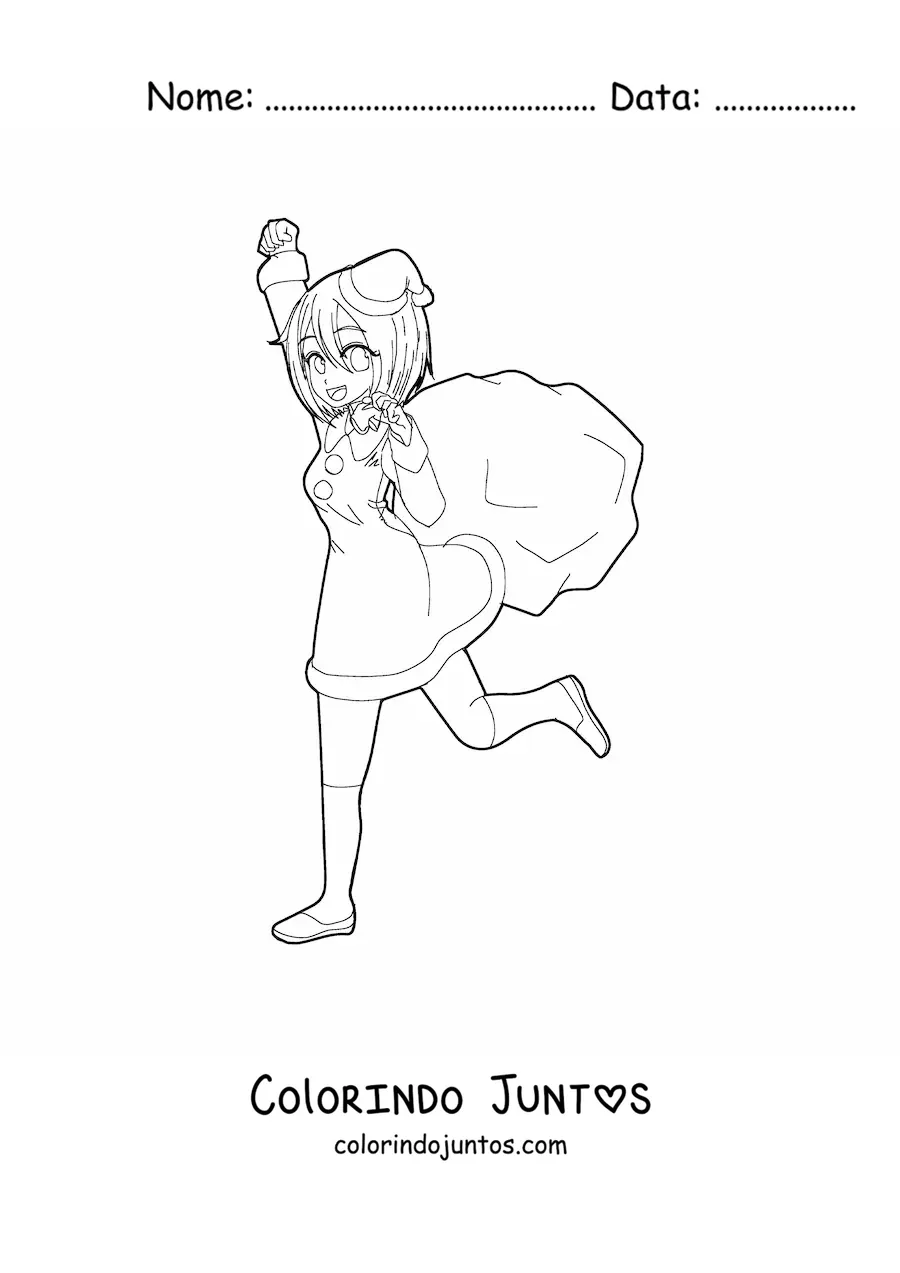 Desenho para colorir de boneca anime kawaii com roupa de Papai Noel