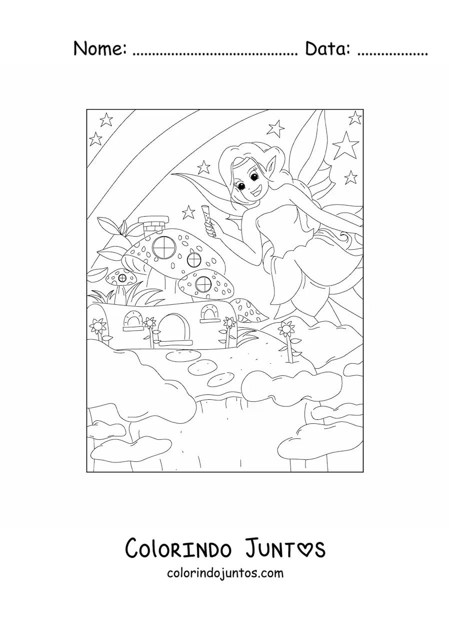 Desenho para colorir de fada de fantasia em floresta mágica estilo anime