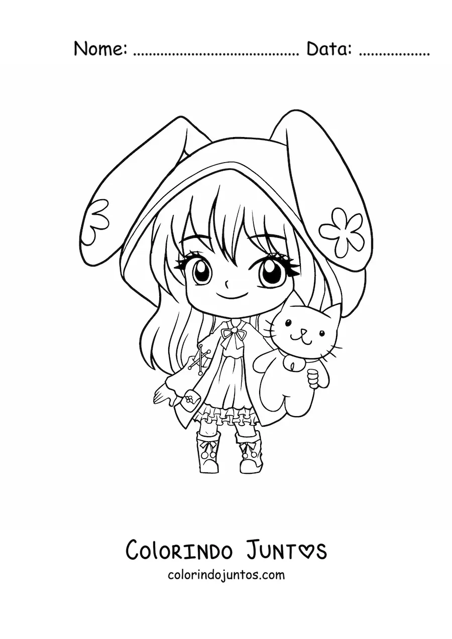 Desenho para colorir de menina kawaii chibi com orelhas de coelho