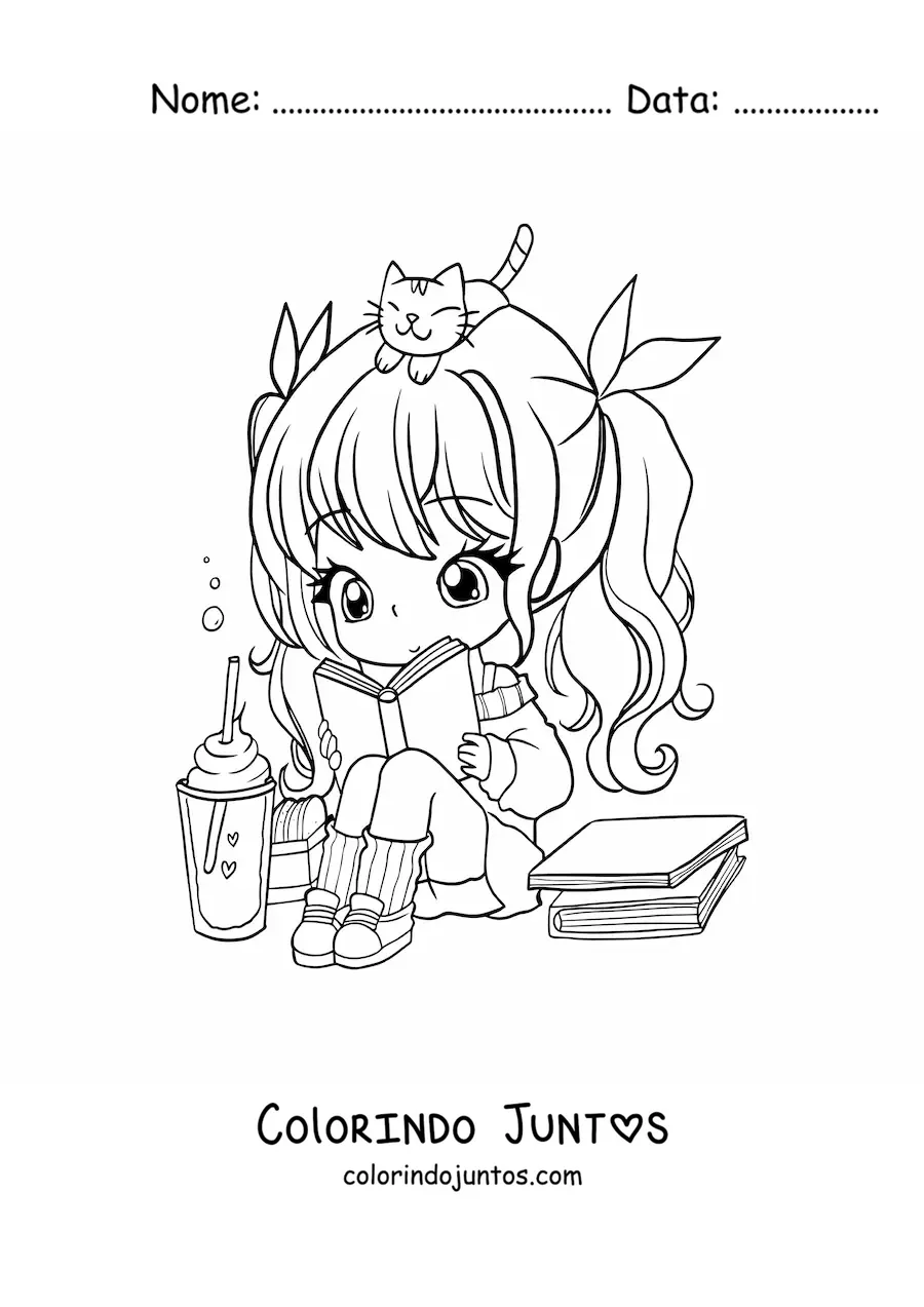 Desenho para colorir de menina kawaii chibi sentada lendo um livro com um gato