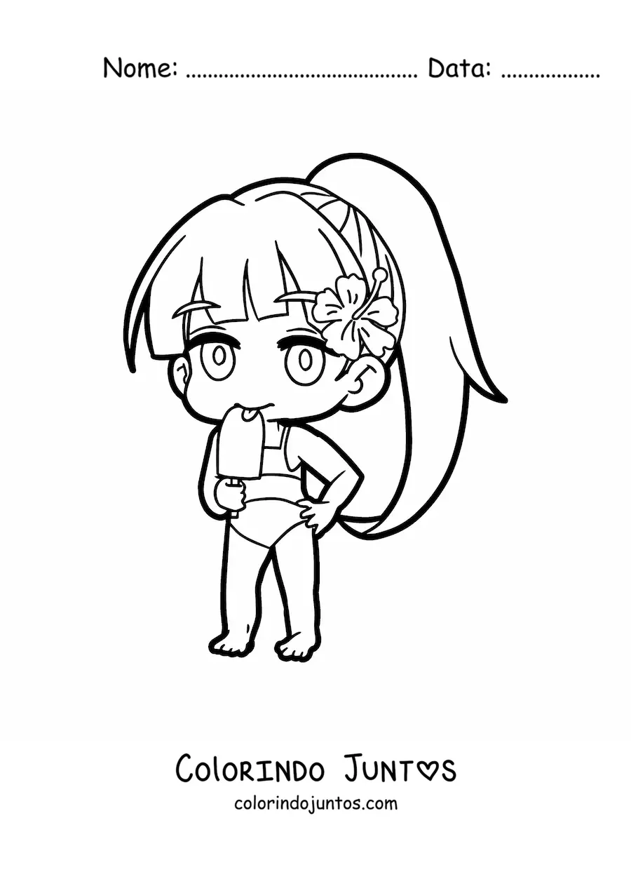 Desenho para colorir de menina kawaii chibi de biquíni comendo sorvete