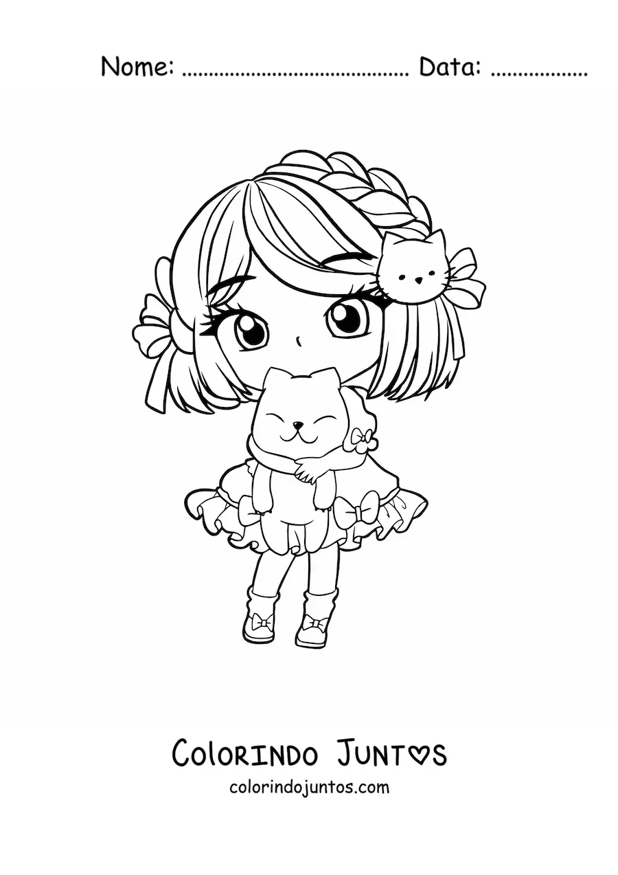 Desenho para colorir de menina kawaii chibi com um gato